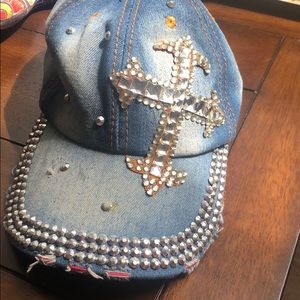 Cross bling denim Baseball cap. NWOT. Never worn
